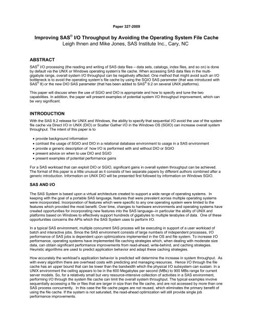 Improving SAS® I/O Throughput by Avoiding the Operating System ...