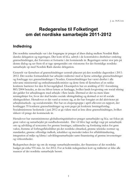 Redegørelse til Folketinget om det nordiske samarbejde 2011-2012