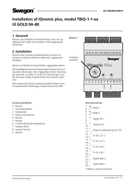 Installation af IQnomic plus, modul TBIQ-1-1-aa til GOLD ... - Swegon