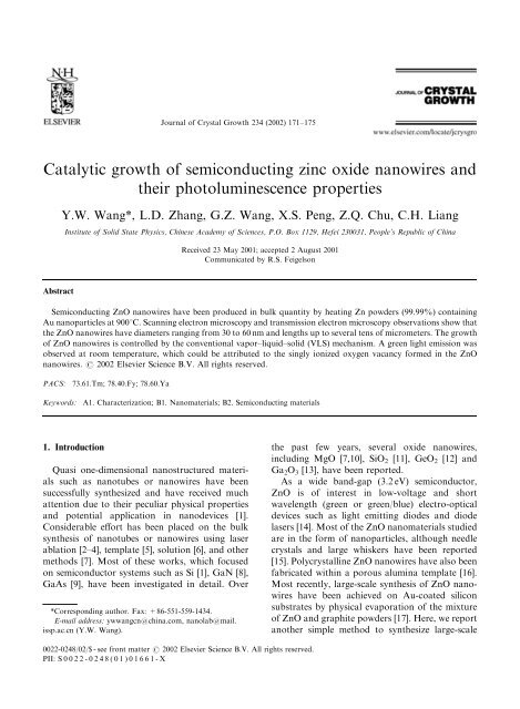 Catalytic growth of semiconducting zinc oxide nanowires and their ...