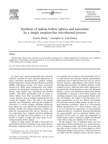 Synthesis of indium hollow spheres and nanotubes by a simple ...