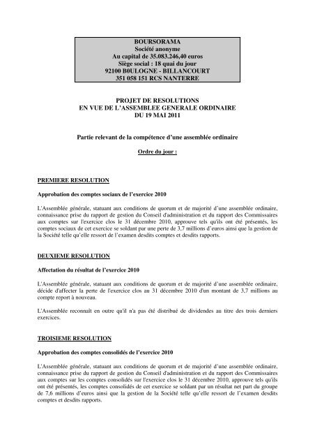 Projets de résolutions à l'Assemblée - Le Groupe - Boursorama