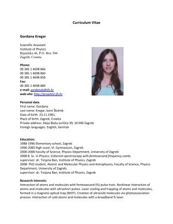 Curriculum Vitae Gordana Kregar