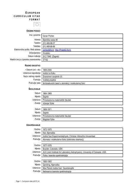 EUROPEAN CURRICULUM VITAE FORMAT Ime i ... - Institut za fiziku