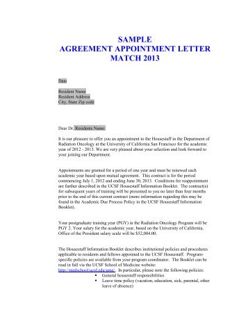 Sample Agreement Appointment Letter - UCSF Radiation Oncology ...