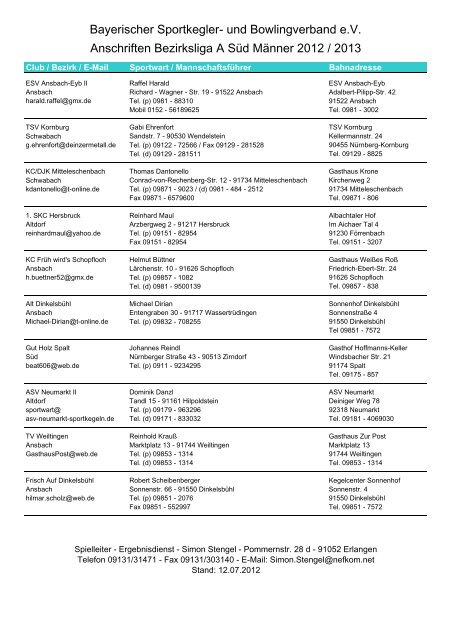 Bayerischer Sportkegler- und Bowlingverband e.V. Anschriften ...