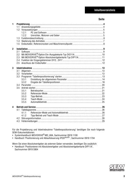 Tabellenpositionierung - SEW Eurodrive