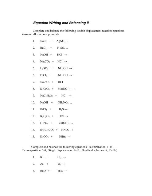 Equation Writing and Balancing II