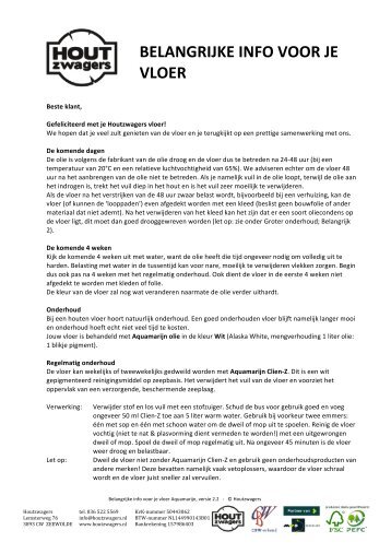 Houtzwagers belangrijke info voor je nieuwe vloer (Aquamarijn olie)