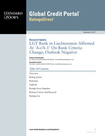 LGT Bank in Liechtenstein Affirmed At 'A+/A-1' On Bank Criteria ...