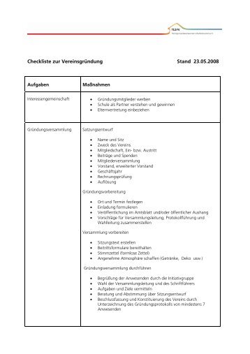 Checkliste zur Vereinsgründung Stand 23.05.2008