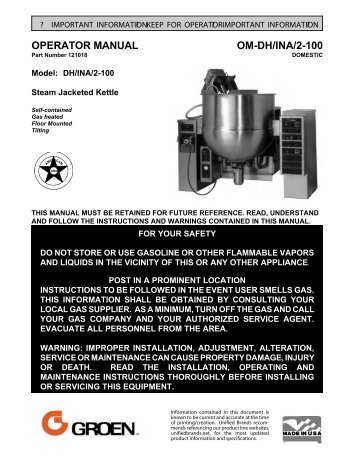 OPERATOR MANUAL OM-DH/INA/2-100 - Parts Town