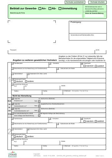 An- Ab- Ummeldung Beiblatt zur Gewerbe- - Landkreis Passau