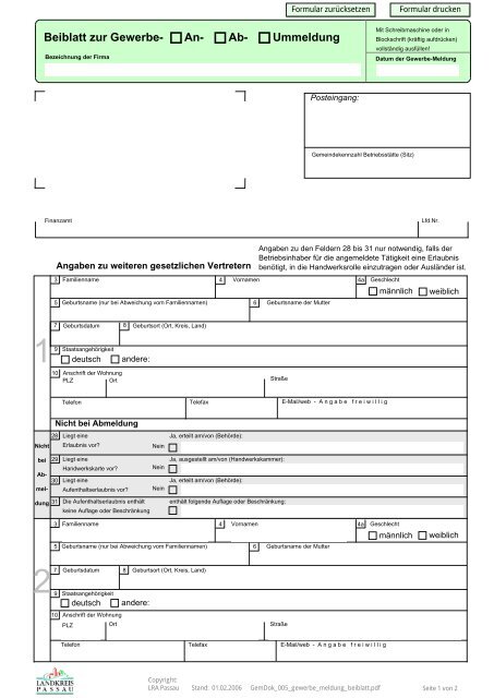 An Ab Ummeldung Beiblatt Zur Gewerbe Landkreis Passau