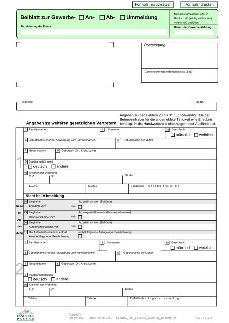 An- Ab- Ummeldung Beiblatt zur Gewerbe- - Landkreis Passau