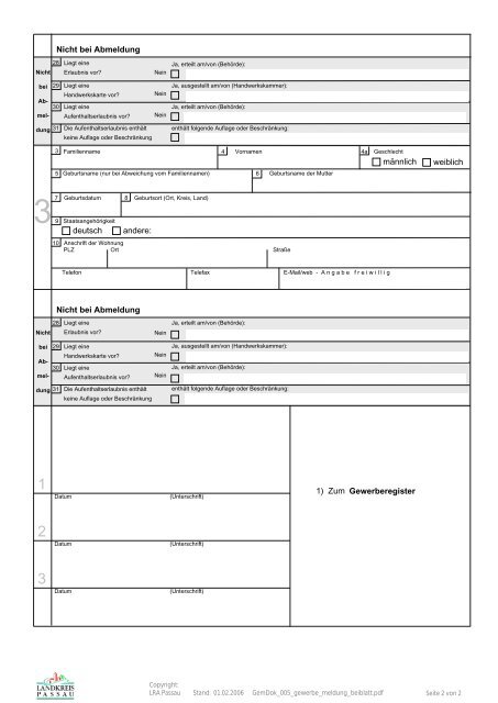 An- Ab- Ummeldung Beiblatt zur Gewerbe- - Landkreis Passau