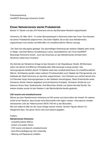 Emser Nahwärmenetz startet Probebetrieb