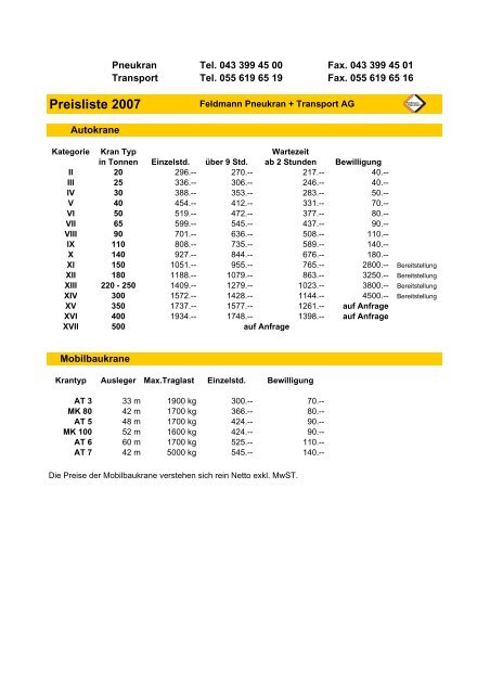 Preisliste 2007 - Feldmann Pneukran + Transport AG