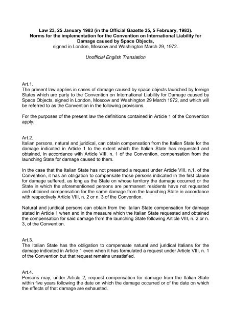 Basic Law 23 Law 23, 25 January 1983 (in the Official Gazette 35, 5 ... - ESA