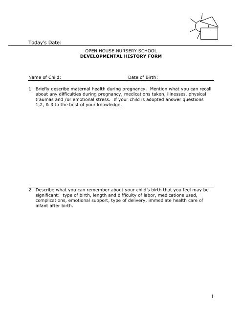 DEVELOPMENTAL HISTORY FORM - Open House Nursery School