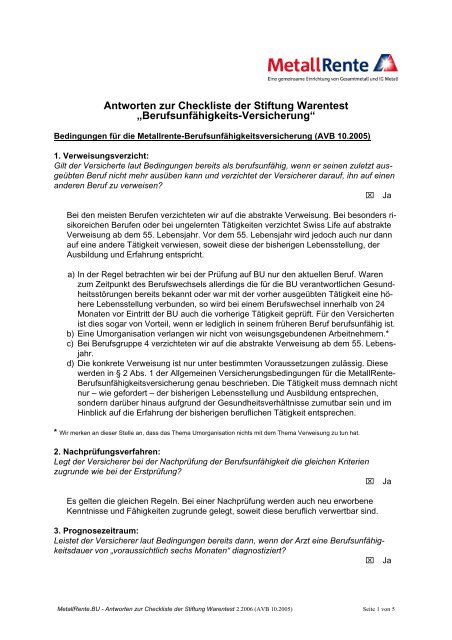 Private Metallrente Bu Stiftung Warentest R V Versicherung