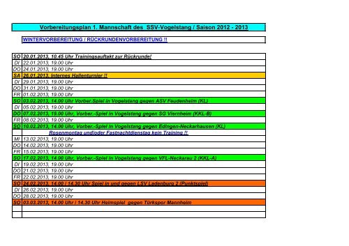 Vorbereitungsplan - SSV-Mannheim-Vogelstang eV