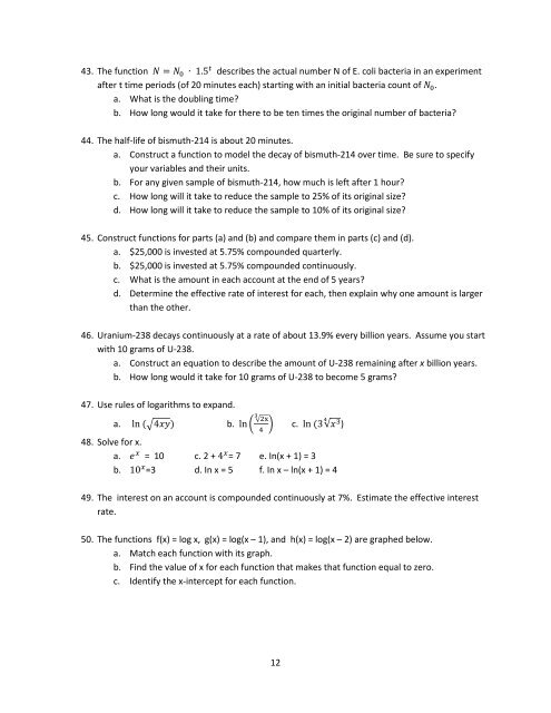 1 MAC1105, College Algebra Study Questions for Common Final ...