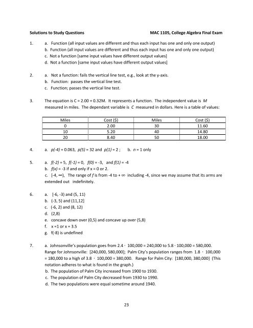 1 MAC1105, College Algebra Study Questions for Common Final ...