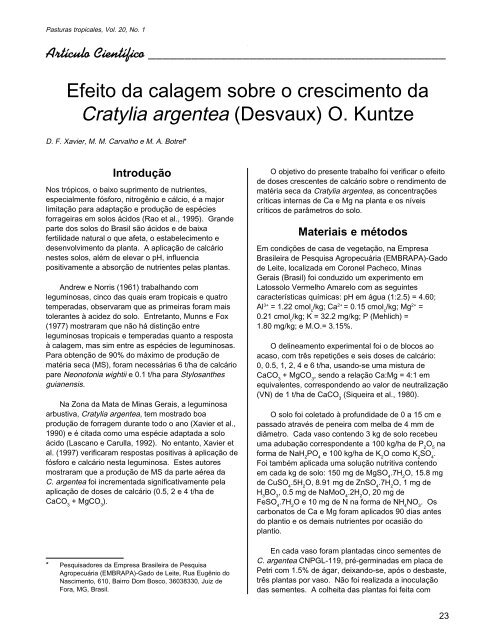 Efeito da calagem sobre o crescimento da Cratylia argentea ...