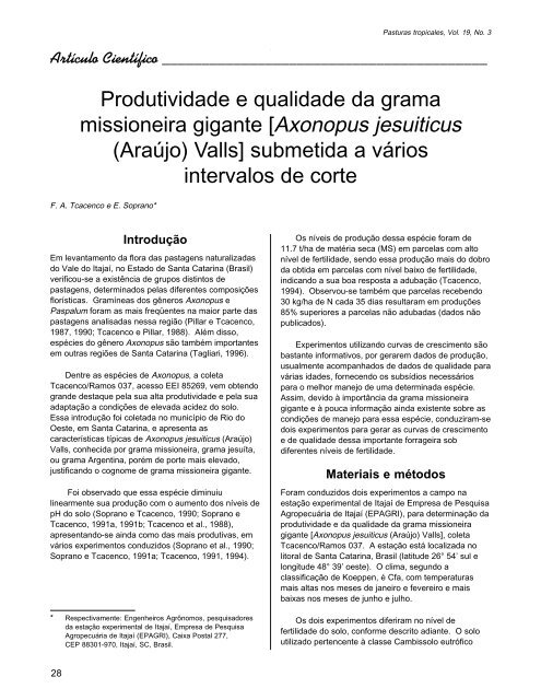 Produtividade e qualidade da grama missioneira gigante [Axonopus ...