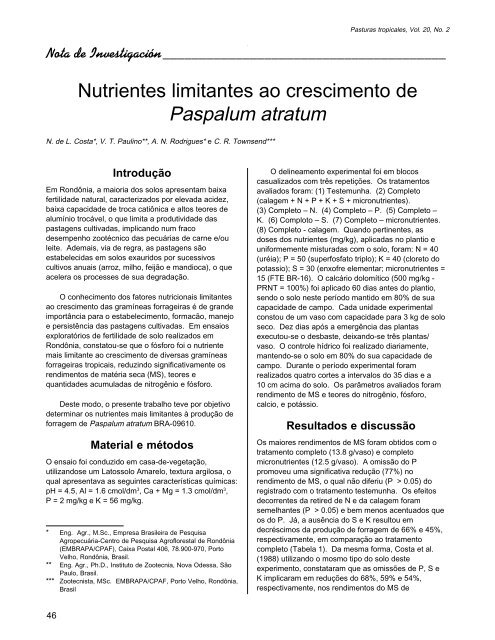 Nutrientes limitantes ao crescimento de Paspalum atratum