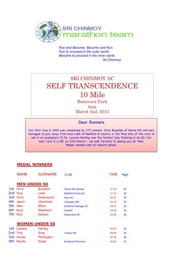 SELF TRANSCENDENCE 10 Mile - Sri Chinmoy Athletic Club UK