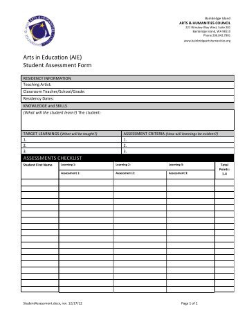 Student Assessment Form - Bainbridge Island Arts & Humanities ...