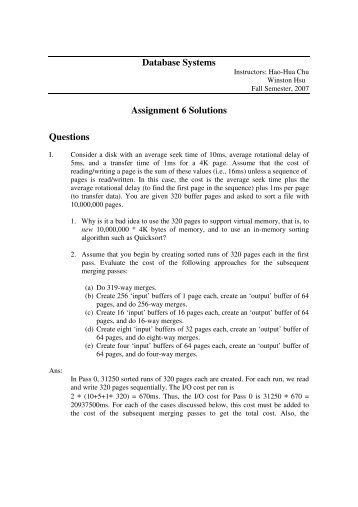 Database Systems Assignment 6 Solutions Questions