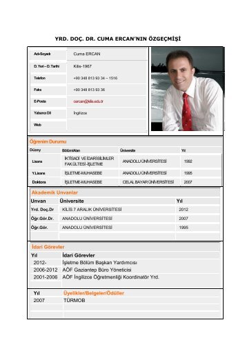 YRD. DOÇ. DR. CUMA ERCAN'NIN ÖZGEÇMİŞİ Öğrenim Durumu ...