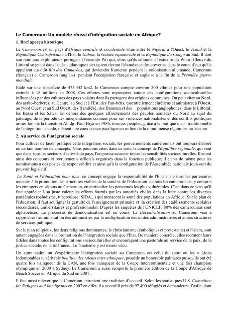 Le Cameroun: Un modèle réussi d'intégration sociale en Afrique? 1 ...