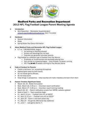 Flag Football parent meeting agenda - Medford Parks & Recreation