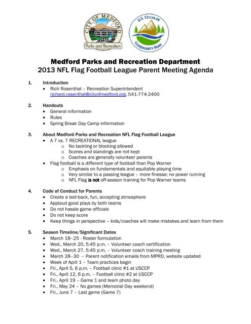 Flag Football Parent Meeting Agenda Medford Parks Recreation