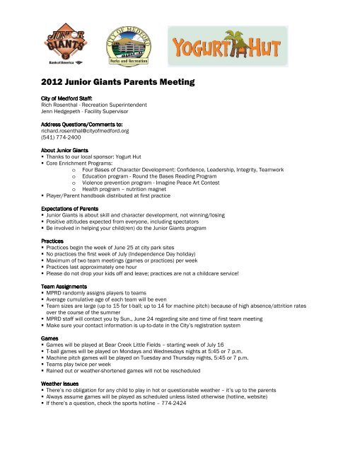 2012 Junior Giants Parents Meeting - Medford Parks & Recreation