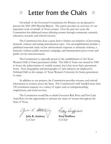 Letter from the Chairs - Office of the Governor - Rick Perry