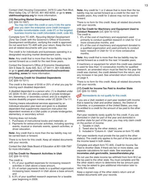 2009 Individual Income Tax TC-40 Forms & Instructions