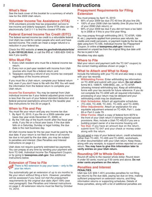 2009 Individual Income Tax TC-40 Forms & Instructions