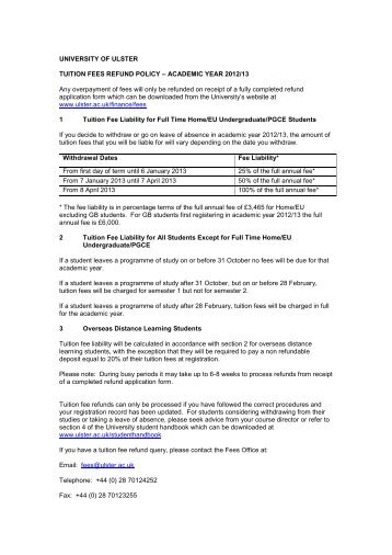 Tuition Fee Refund Policy 2012/13 - University of Ulster