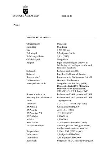 Officiellt namn Mongoliet Huvudstad Ulan Bator ... - Sweden Abroad