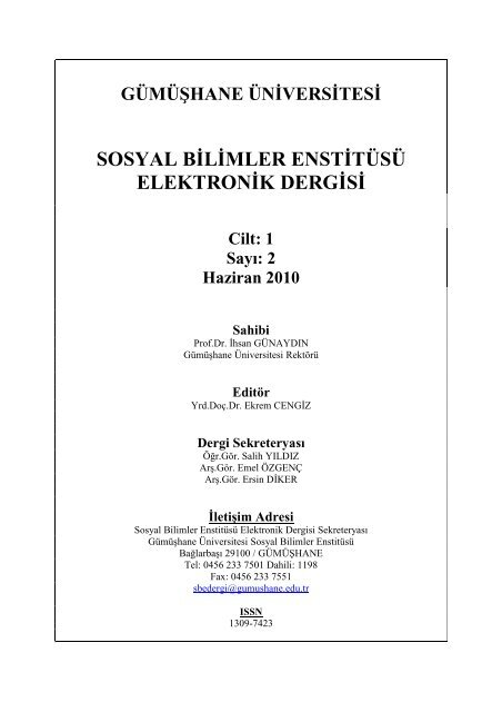 Cilt 1 / Sayı 2 - GÜ SBE Elektronik Dergisi - Gümüşhane Üniversitesi