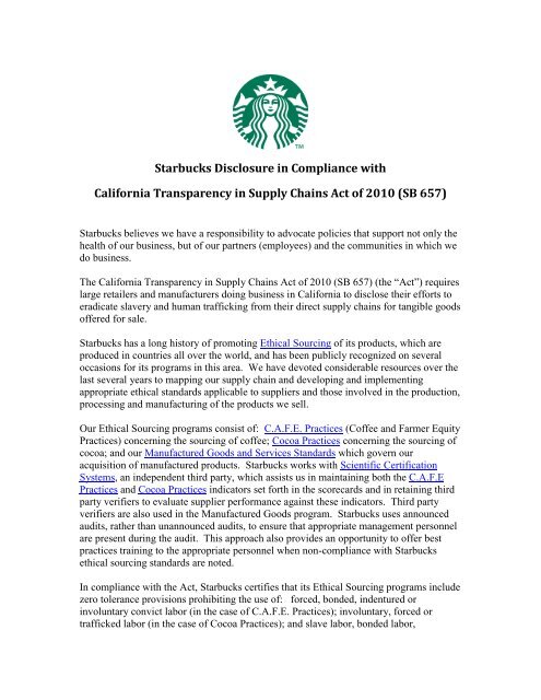 California Transparency in Supply Chains Act - Starbucks