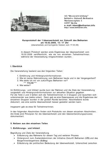 Kurzprotokoll der 1.Ideenwerkstatt zur Zukunft des Bethanien am ...