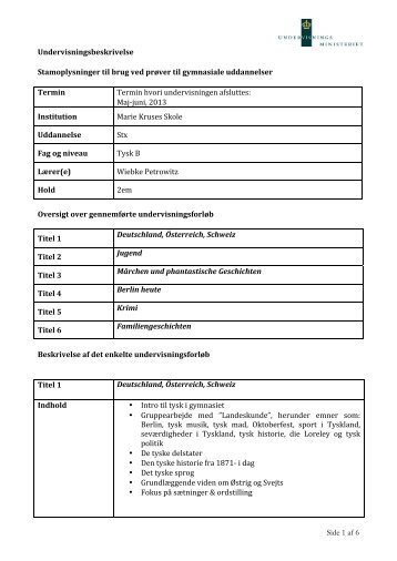 Side 1 af 6 Undervisningsbeskrivelse Stamoplysninger til brug ved ...