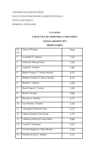 UNIVERSITATEA DIN BUCUREŞTI - Școala Doctorală de Sociologie