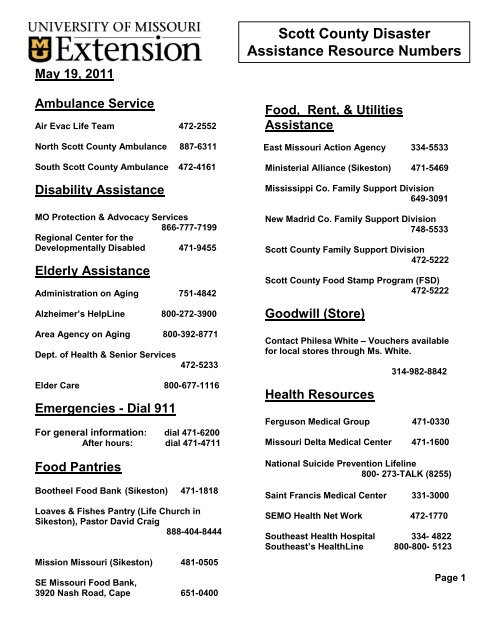 Scott County Disaster Assistance Resource Numbers - University of ...